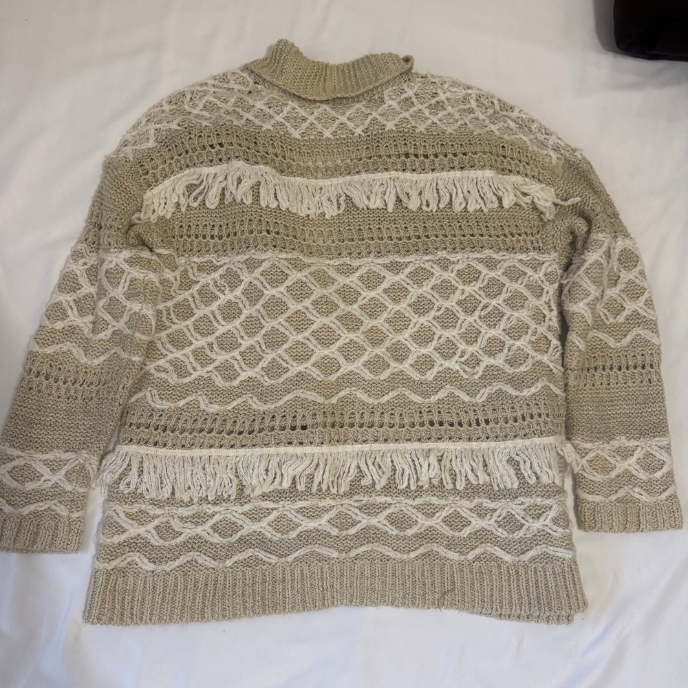 Lucky Brand Open Front Fringe Knit Cardigan Sweater Beige XL - Picture 11 of 15